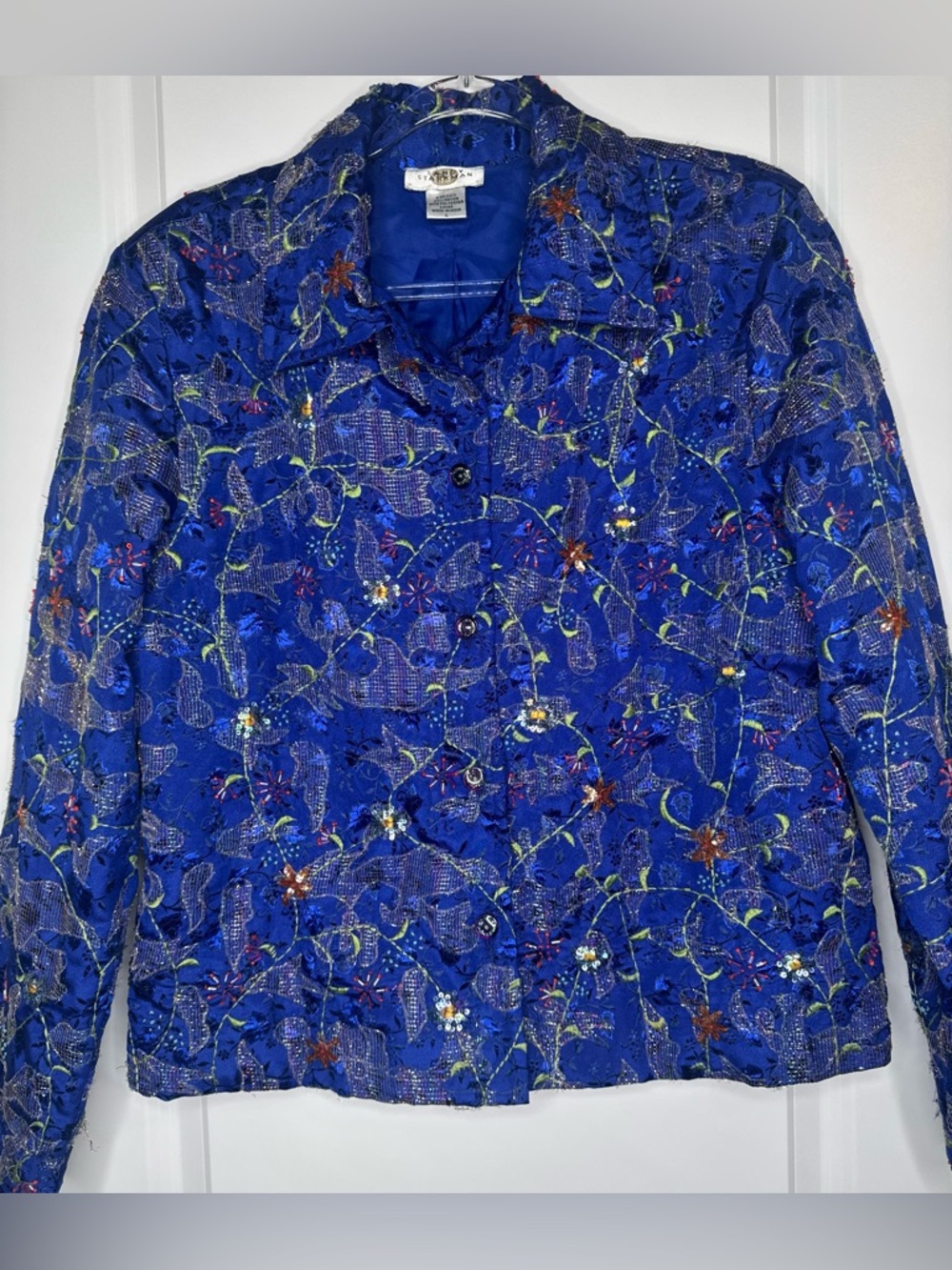 Sandy starkman embroidered foil sequin beaded blazer button jacket artsy vibrant